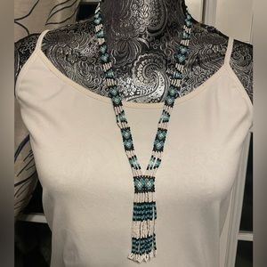 Native handmade beaded white blue heart necklace 17” long‎